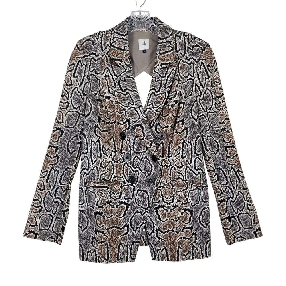 Cabi Blazer Women 8 Gray Snake Print Double Breasted Notched Lapel 3733